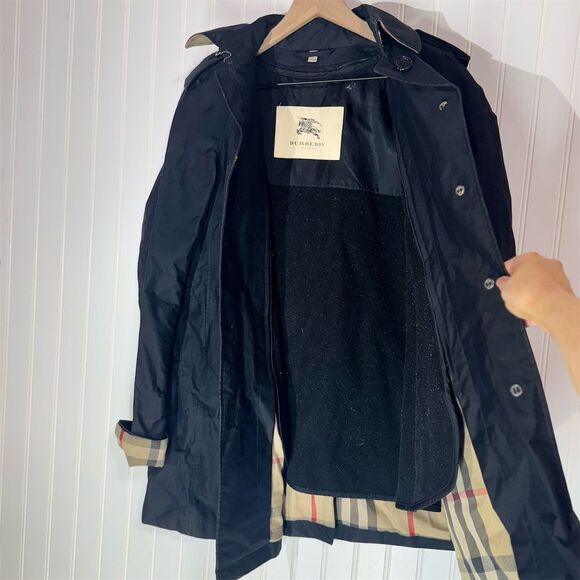 Burberry Navy Trench Coat US 4 Wool Zip Liner Removable Hood Nova Check Lining - Picture 4 of 10